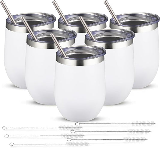 12oz/6 Pack Wine Tumbler Glasses with Lid Stemless Double Wall Vacuum Stainless Steel Travel Tumbler Keeping Cold & Hot for Wine,Coffee,Cocktails,Christmas Drinks-Family and Gifts (White)