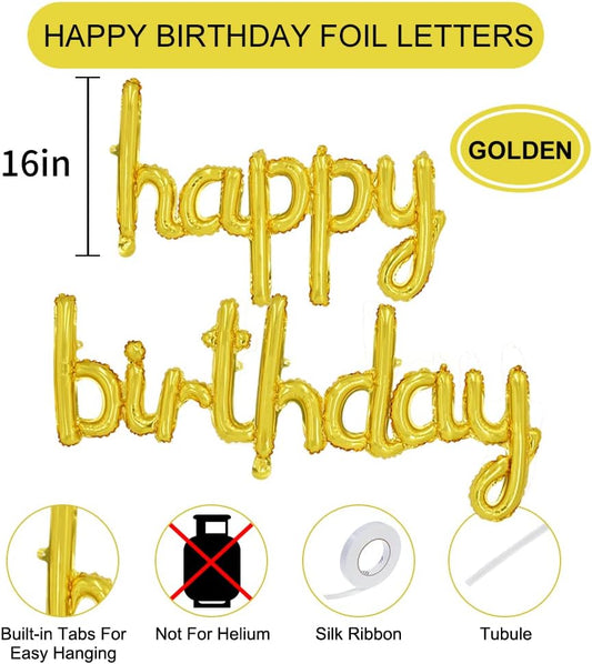TONIFUL Gold Happy Birthday Balloons Banner, 16 Inch Mylar Foil Script/Cursive Letters Birthday Sign Banner Balloon Reusable Material for Girls Boys Kids & Adults Birthday Decorations
