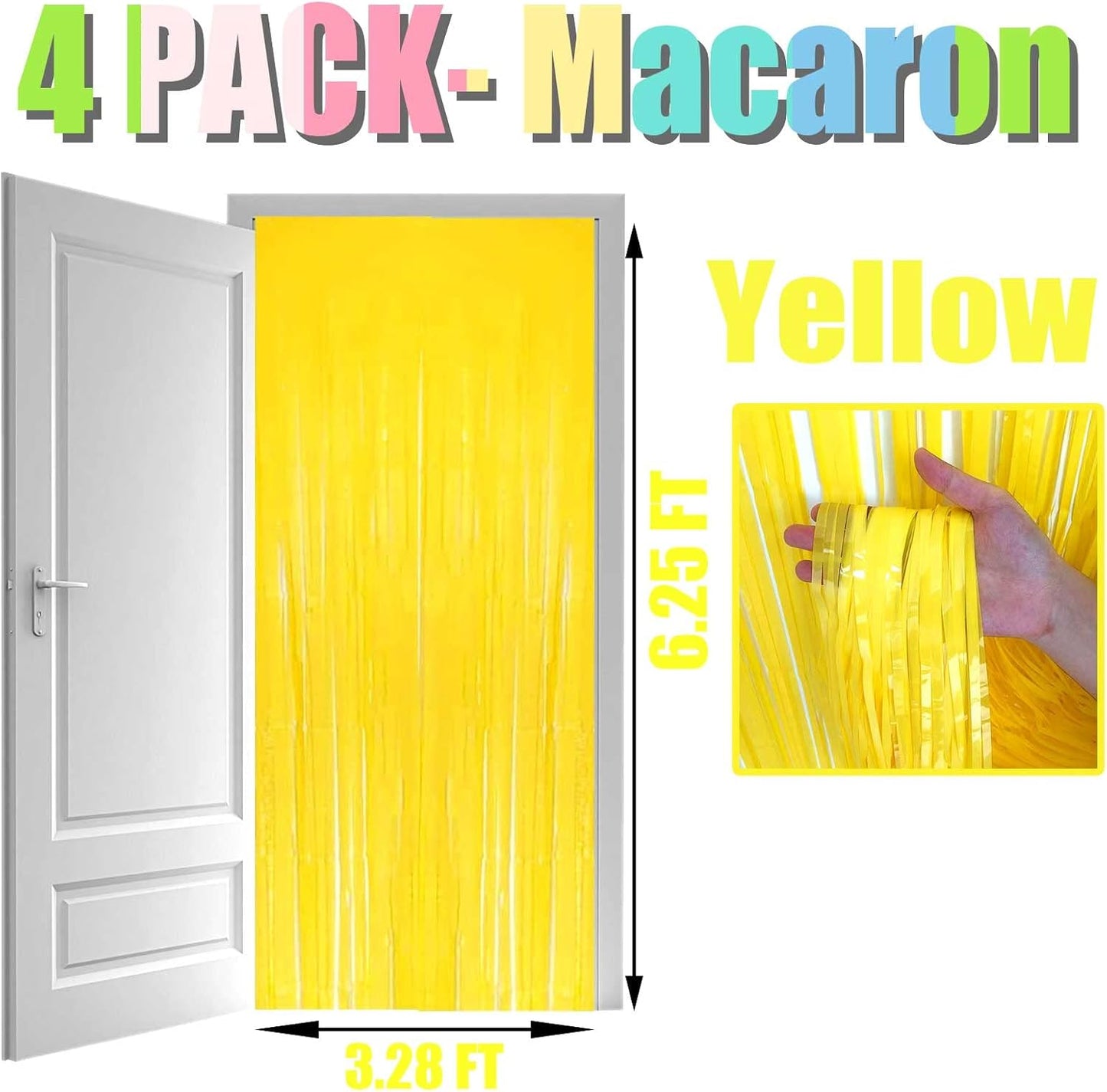 4 Pack Macaron Yellow Foil Fringe Curtain Backdrop, 3.28Ft x 6.56Ft Foil Fringe Streamers Curtains for Party, Photo Booth Props, Birthday, 2022 Graduation Decor Supplies, One Size
