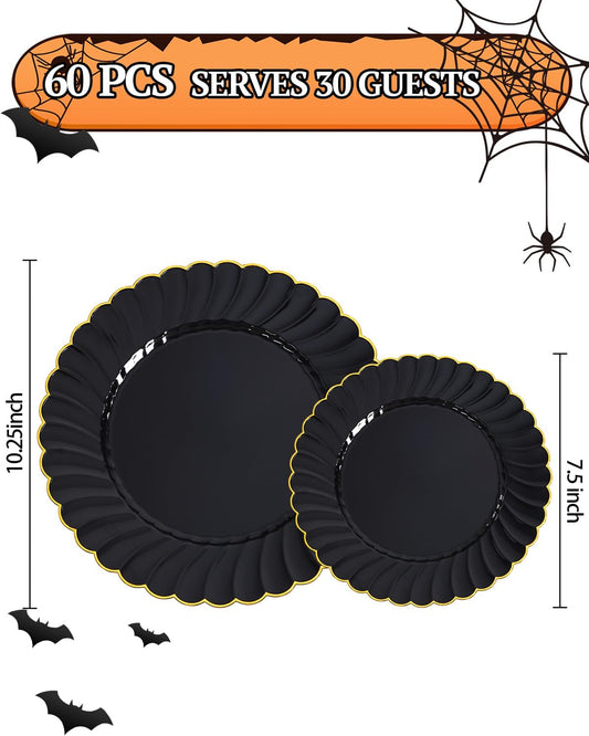 YOUBET 60PCS Black Scalloped Plastic Plates - Black and Gold Disposable Plates include 30 Gold Dinner Plate, 30 Dessert Plate for Party & Wedding