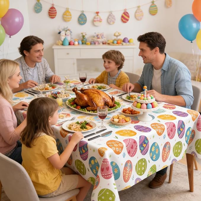 2 PCS Easter Tablecloths(54x108 Inch) Disposable Plastic Easter Eggs Tablecloth Spring Table Cloth Cover Holiday Party Favors Supplies Decorations Home Dinner Kitchen Table Decor Backdrop Photo Props