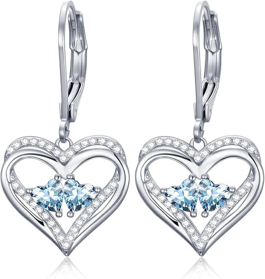 Valentines Day Gifts for Women, Heart Leverback Earrings Double Birthstone Dangle Earrings for Women, Love Jewelry for Her, Anniversary Birthday Gift for Mom Wife Girlfriend