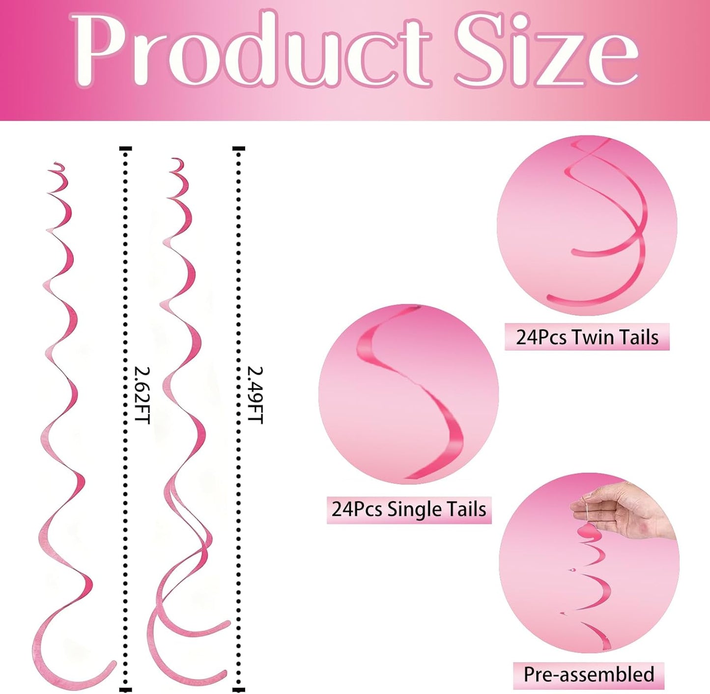 48 Pcs Pink Hanging Swirl Party Decorations Hot Pink Felt Ceiling Spiral Streamers with Hooks for Birthday Bachelorette Wedding Bridal Shower Engagement Party Swirl Decorations