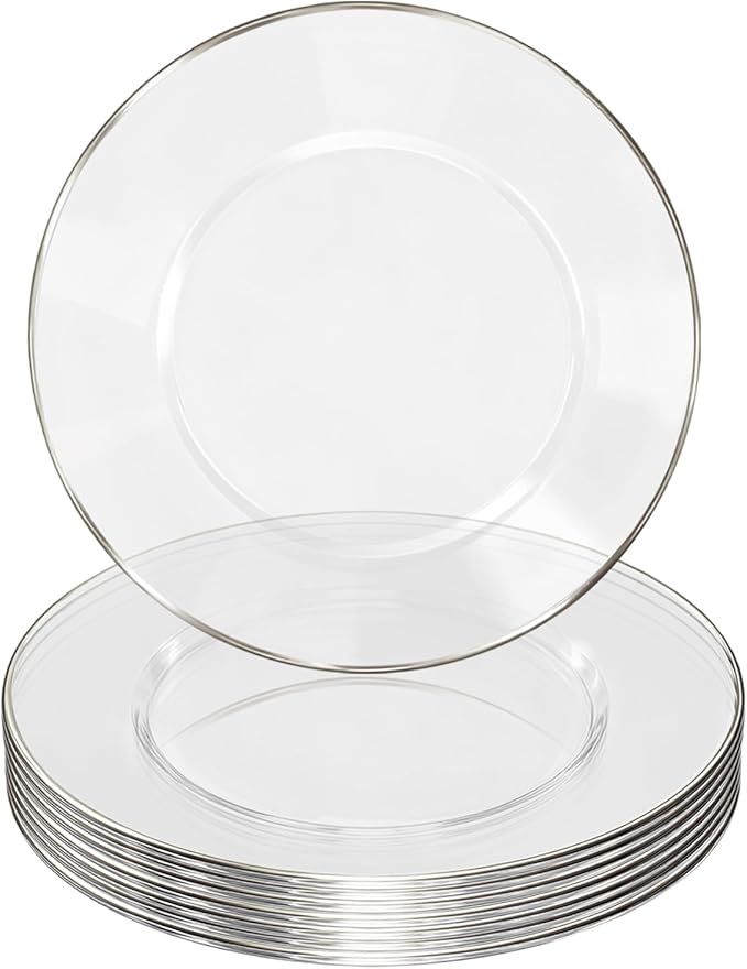 13 Inch Charger Plates, 8 Pack, Clear Charger Plates with Silver Rim, Heavy Duty Disposable Plastic Chargers for Dinner, Elegant Dining, Wedding, Party, Formal Event Decoration (8, Silver)
