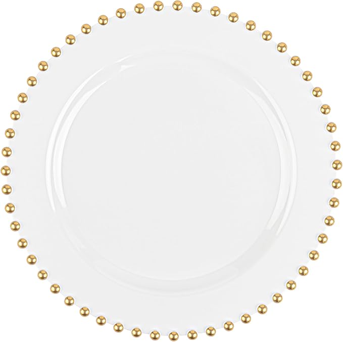 PLASTICPRO 32 Piece Combo Plastic Dinner Plates Disposable Plastic Fancy Heavy Duty Party Dishes 7 inch and 10 inch, White and Gold Beaded