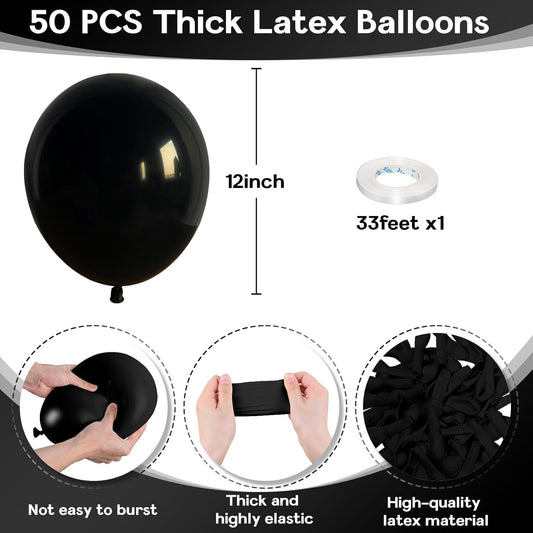 Black Balloons - 12 Inch, 50pcs Matte Black Latex Balloons for Arch, Birthday, Wedding, Baby Shower, Halloween, Graduation Parties