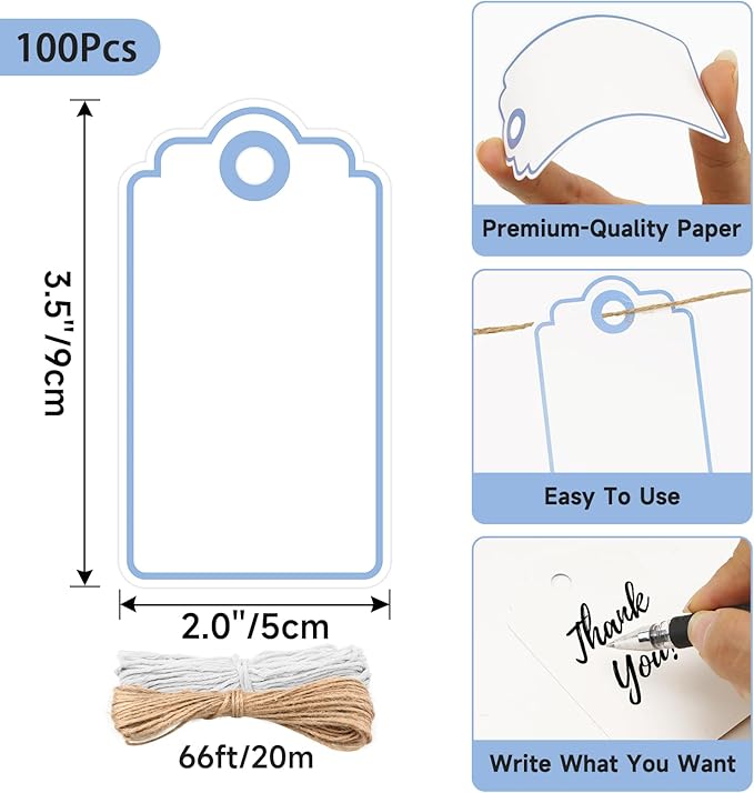 Anwyll Gift Tags with String - 100Pcs Blue Gift Bag Tags Personalized White Blank Hanging Paper Label Tag for Baby Shower Birthday Party Wedding Christmas Favor Present