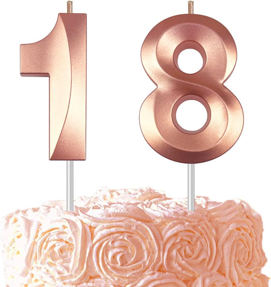 Rose Gold Number 18 Candles, 3D Diamond 2.76 Inch Cake Topper Birthday Candles for Wedding Anniversary Cake Decorations, Happy Birthday Party Decorations