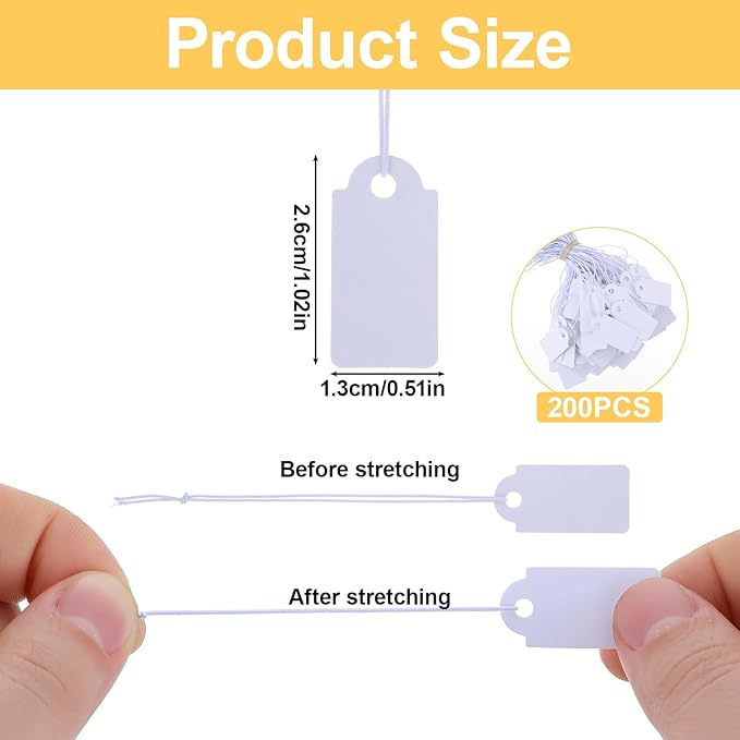200 Piece Small Tags with Elastic String White Hang Price Tags 1.02×0.47inch Writable Gift Tag Blank Label Display Tag Marking Shipping Label for Clothes Jewelry Product Price Marking