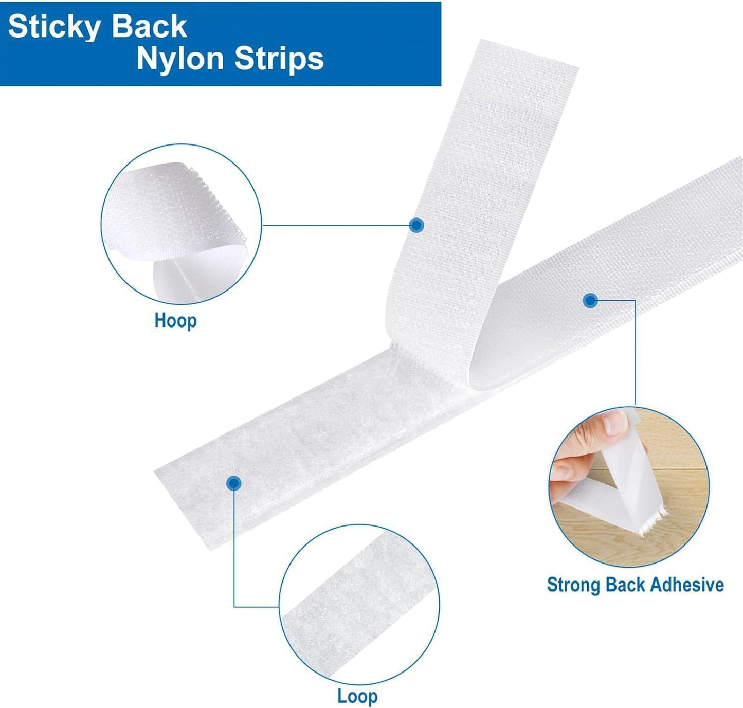 1 Inch x 28 Ft Strips with Adhesive, Nylon Self Adhesive Heavy Duty Strips, Double Sided Sticky Back Fastener Roll Tape for Home Office School Car and Crafting Organization (White)