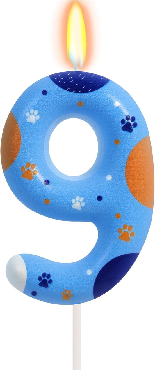 Blue Dog Paw Birthday Candles, Number 9 Paw Print Birthday Party Supplies, 2.76 inch Paw Cake Topper Decorations, Birthday Decorations (Number 9)