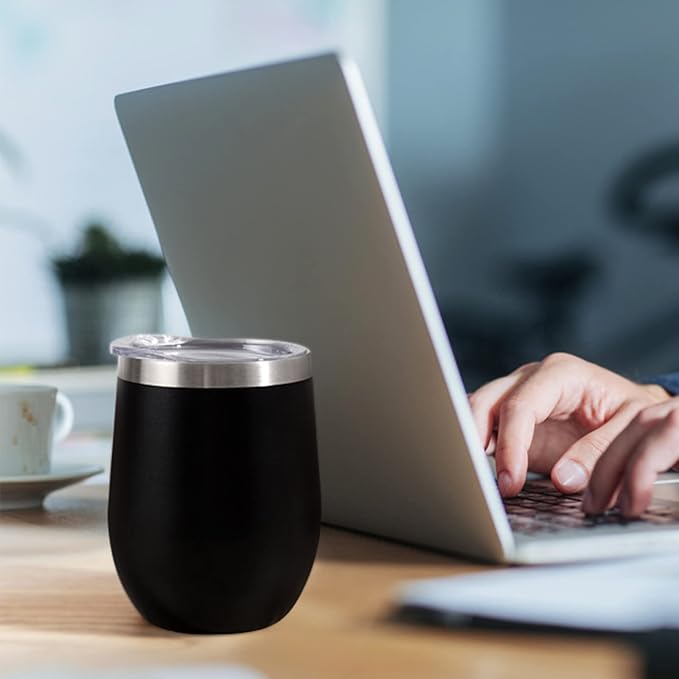 12 oz Insulated Wine Tumbler with Lid and Straw,Stainless Steel Stemless Wine Tumbler Glasses Double Wall Vacuum Wine Cups Tumbler Bulk for Coffee,Champaign,Cocktail,Office(Black,4)