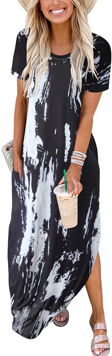 ANRABESS Womens Summer Maxi Dress Short Sleeve Casual Loose Long T Shirt Dresses Split Vacation Beach Sundress Travel Outfits