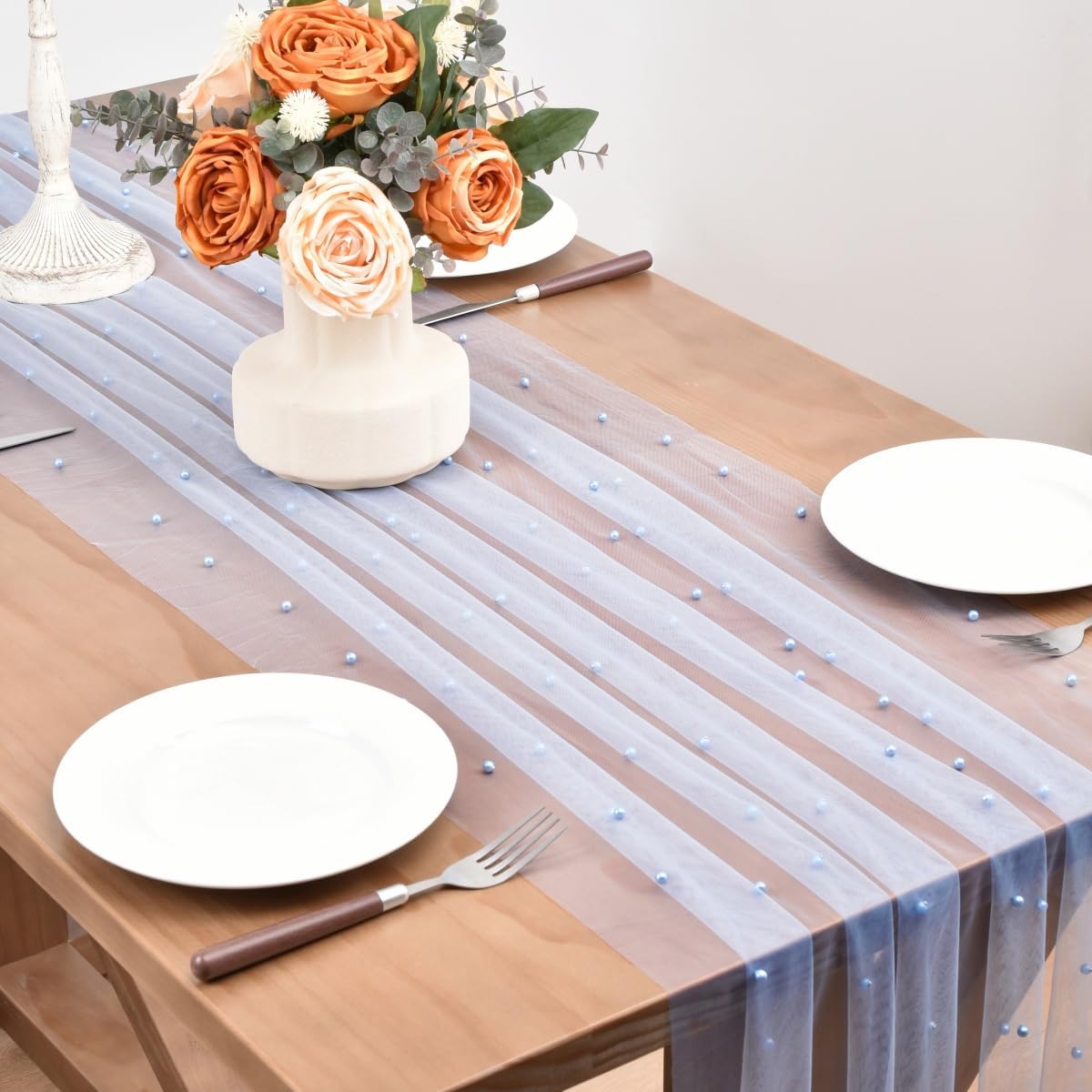 Blue Pearl Fall Thanksgiving Table Runner Boho Rustic Tulle Lace Table Runner for Baby Shower Wedding Arch Decor Veil Dessert Table Decor