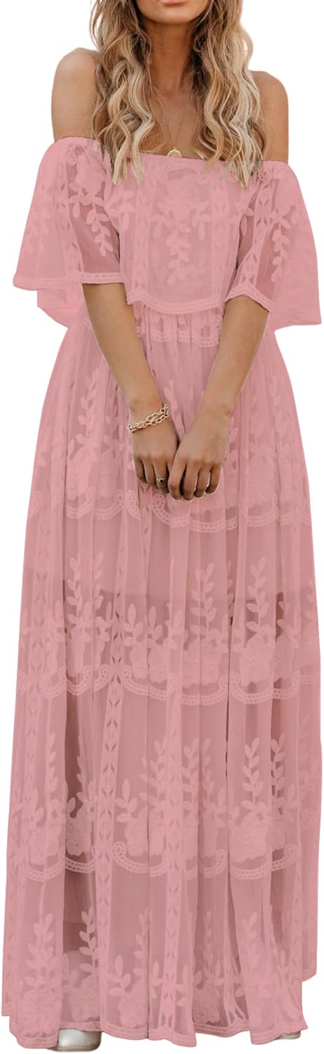 HOYISHION Women's Off The Shoulder Floral Lace Maxi Dress White Bridesmaid Wedding Party Maternity Photoshoot Long Dresses