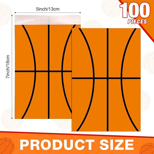 Tinlade 100 Pcs Basketball Kraft Treat Bags with Self Adhesive Basketball Theme Goodie Bags Paper Sport Candy Gift Pouches Bulk for Sport Ball Birthday Party Favor Supplies, 5x7 Inch