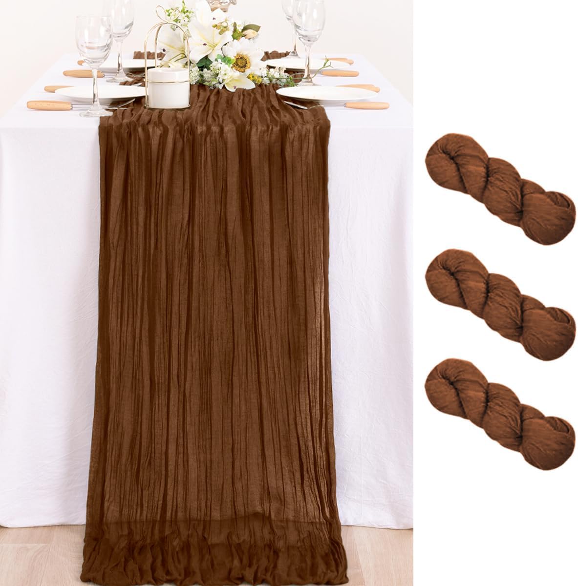 MLMC 3 Pack Brown Table Runner 10ft Boho Rustic Gauze Coffee Cheesecloth Table Runner Neutral Fall Decor 35x120 Inches for Fall Wedding Bridal Shower Reception Party Decor
