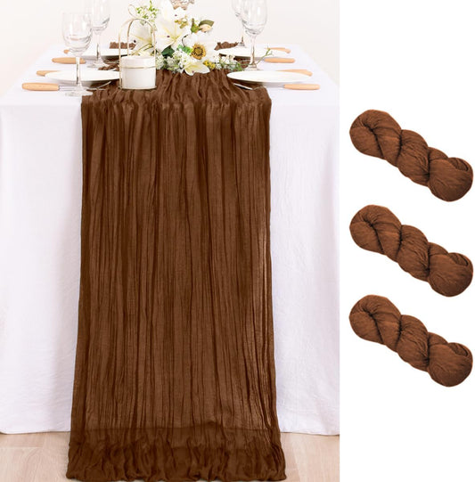 MLMC 3 Pack Brown Table Runner 10ft Boho Rustic Gauze Coffee Cheesecloth Table Runner Neutral Fall Decor 35x120 Inches for Fall Wedding Bridal Shower Reception Party Decor