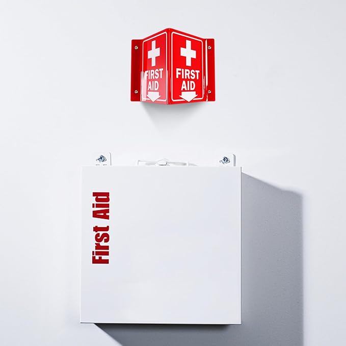 Faittoo First Aid Sign, 3 Pack First Aid with Cross Symbol - 6 x 8 Inches V-Shaped Acrylic Plastic, 4 Pre-Drilled Holes, Includes Matching Screws, Use for Home Office/Business