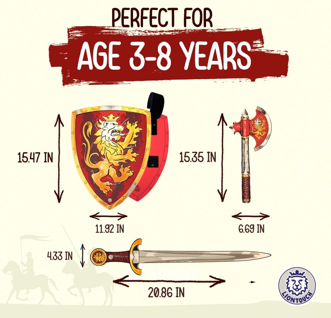 Liontouch - Noble Knight Foam Sword, Shield & Axe, Red | Playfighting Set for Boys Aged 3-8 Years | Safe Medieval Toy Weapons & Battle Accessories | Pretend Play, Dress Up & Costumes for Kids