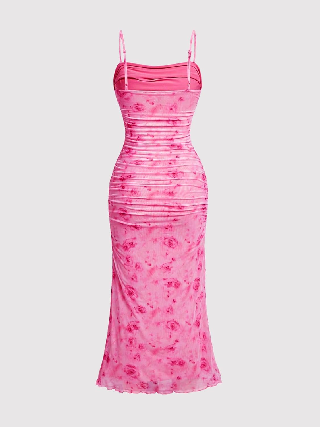 GORGLITTER Women's Floral Ruched Bodycon Midi Dress Mesh Sleeveless Fishtail Cami Dresses