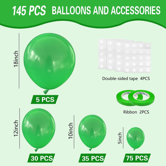 Green Balloons 145pcs Different Sizes 18 12 10 5 Inch for Birthday Wedding Baby Shower Jungle Summer Theme Anniversary Celebration Decoration