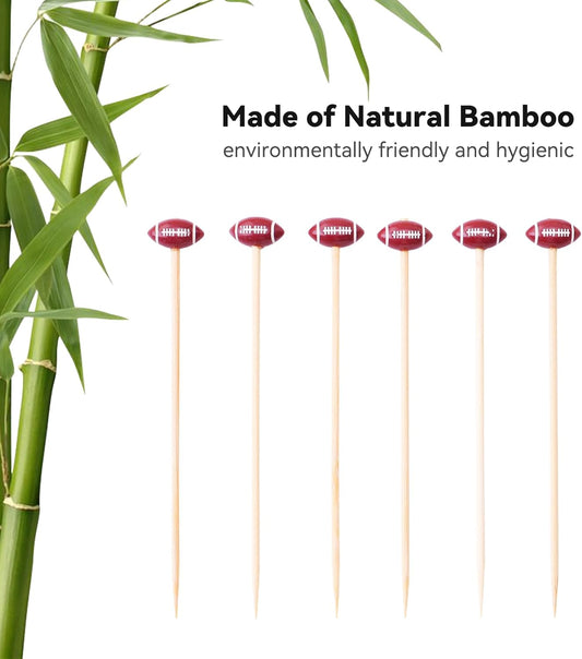 Football Cocktail Picks - 100 Counts Decorative 3D Football-shaped Toothpicks for Super Bowl Football Game, 4.7 inch Long Bamboo Skewers Wooden Sticks for Appetizers, Fancy Party Decorations