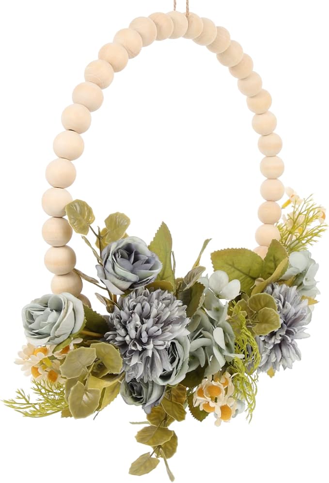 DECHOUS Wood Bead Garland Floral Hoop Wreath Wall Hanging Decor Artificial Flower with Eucalyptus Leaves Hanging Hoop Wreath for Thanksgiving Xmas Wedding Arch Backdrop Door Dark Blue