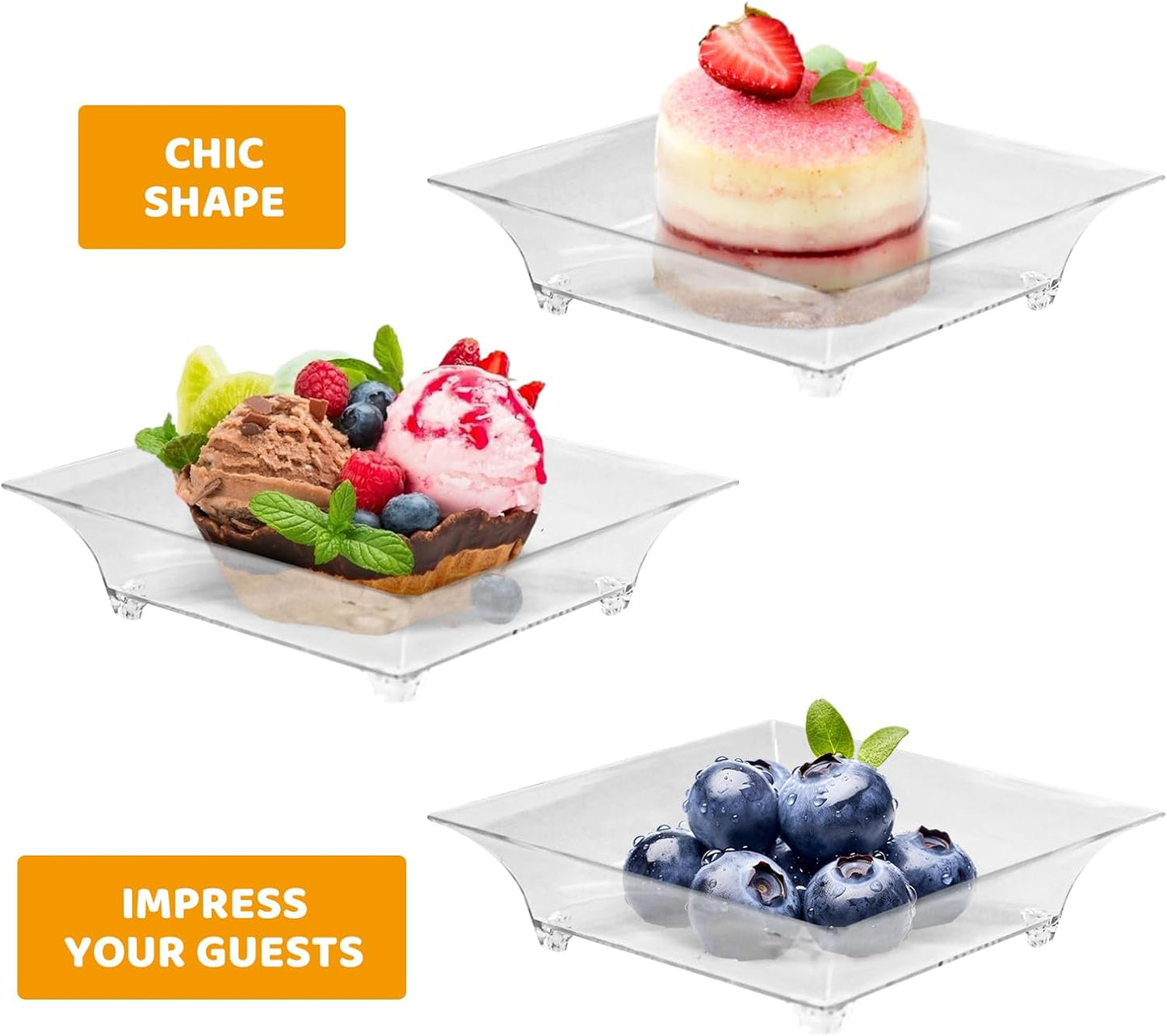 100 Pack 1 oz mini Square Dessert Plates for Appetizers，Mini Plastic Plates with Spoons，Reusable Square Small Party Serving Bowls for Trifle, Cheesecake, Ice cream