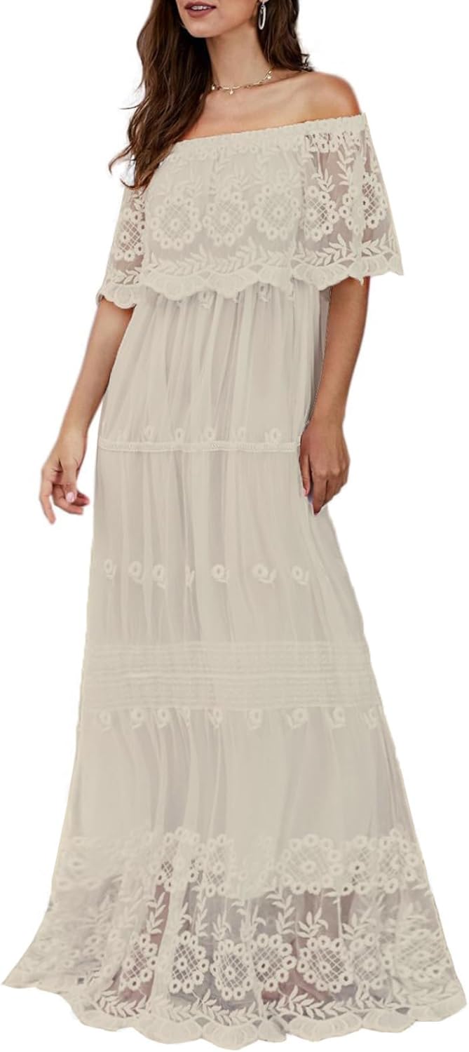 HOYISHION Women's Off The Shoulder Floral Lace Maxi Dress White Bridesmaid Wedding Party Maternity Photoshoot Long Dresses