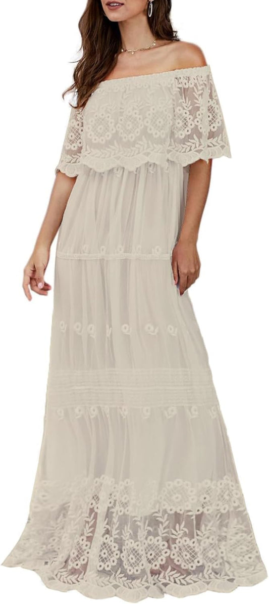 HOYISHION Women's Off The Shoulder Floral Lace Maxi Dress White Bridesmaid Wedding Party Maternity Photoshoot Long Dresses