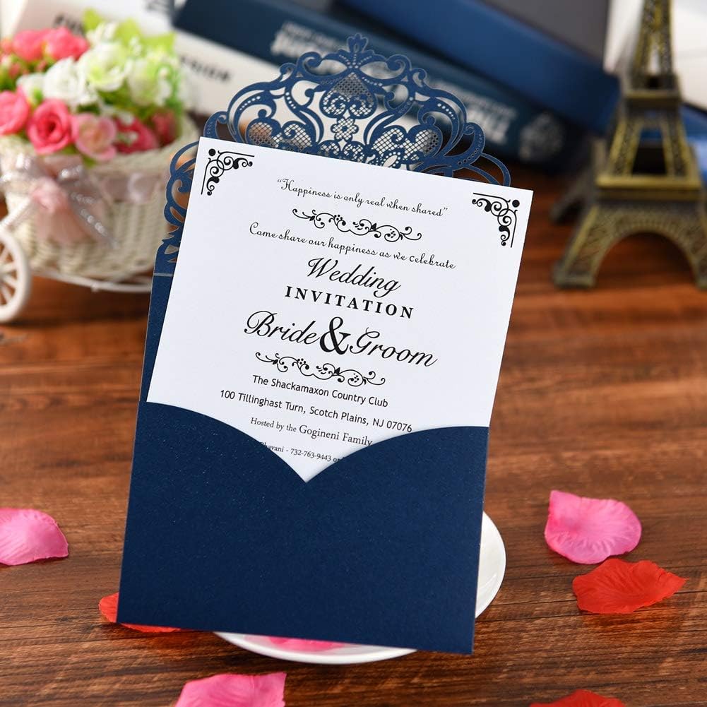 FOMTOR Navy Blue Laser Cut Invitations 50 Pack Laser Cut Wedding Invitations Card Kit with Blank Printable Paper and Envelopes for Wedding,Birthday Parties,Baby Shower