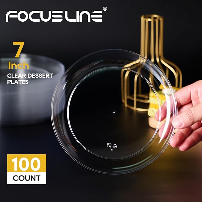 FOCUSLINE 100 Count Clear Plastic Plates 7 Inch, Disposable Salad Dessert Plates - Premium Clear Hard Plastic for Weddings, Parties and Events