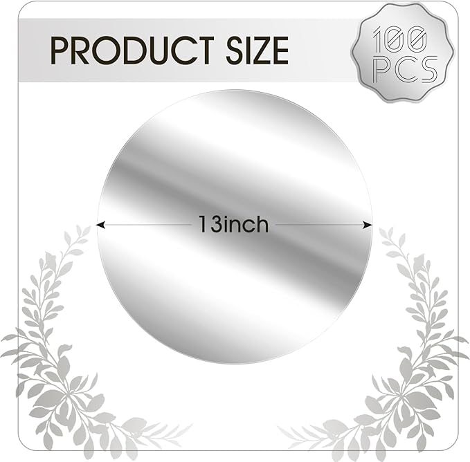 KesaPlan 100PCS Round Silver Placemats, 13" Disposable Paper Placemats for Dining Table, Mirrored Silver Charger Place Mat for Kitchen Banquet Table Setting Wedding Birthday Dinner Party Decor
