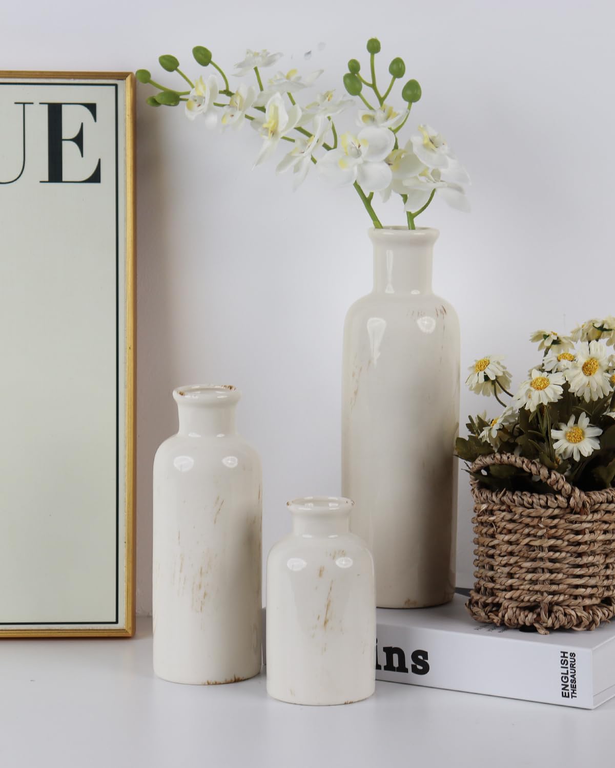 White Ceramic Vase Set of 3 - Crackle Glaze Bottle Vases for Rustic Farmhouse Table Centerpiece, Shelf & Mantel Decor