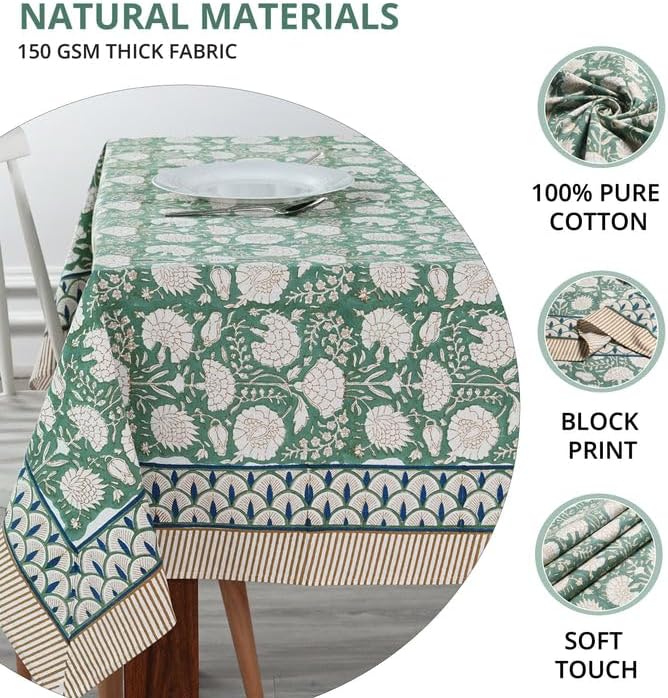 Ridhi Hand Block Print Turquoise Moss Green Rectangle Cotton Tablecloth 118" x 70" Reusable Table Cover Decorative Everyday Use for Dining, Farmhouse, Home Gift for Spring, Easter, Valentine