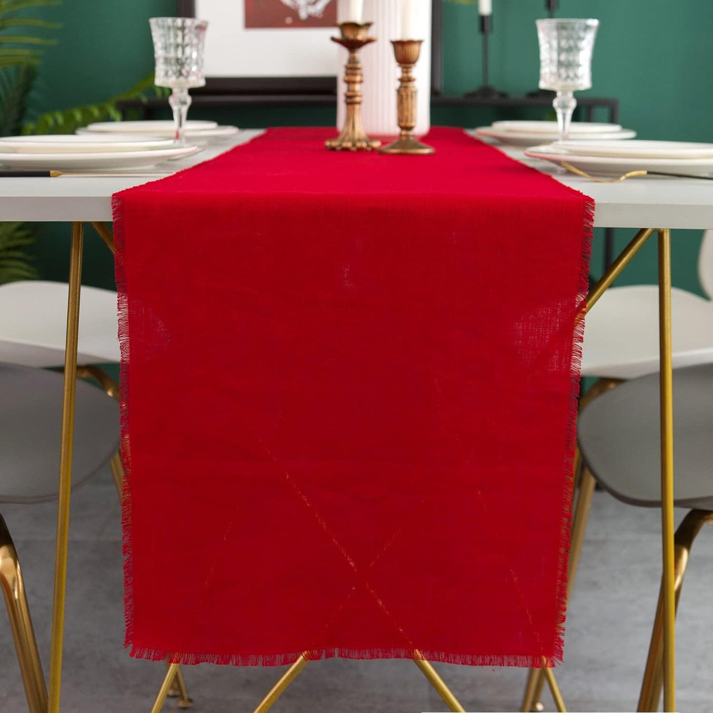 Christmas Table Runner with Fringe- 14x120 Inch Long Red, 100% Pure Linen Christmas Runner for Table, Red Table Runner for Winter – Machine Washable, Handmade