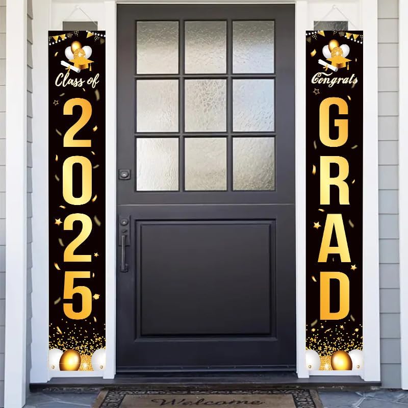 Graduation Party Decorations Set 2025, Black and Gold Porch Banner with Backdrop, Class of 2025 Congrats Grad