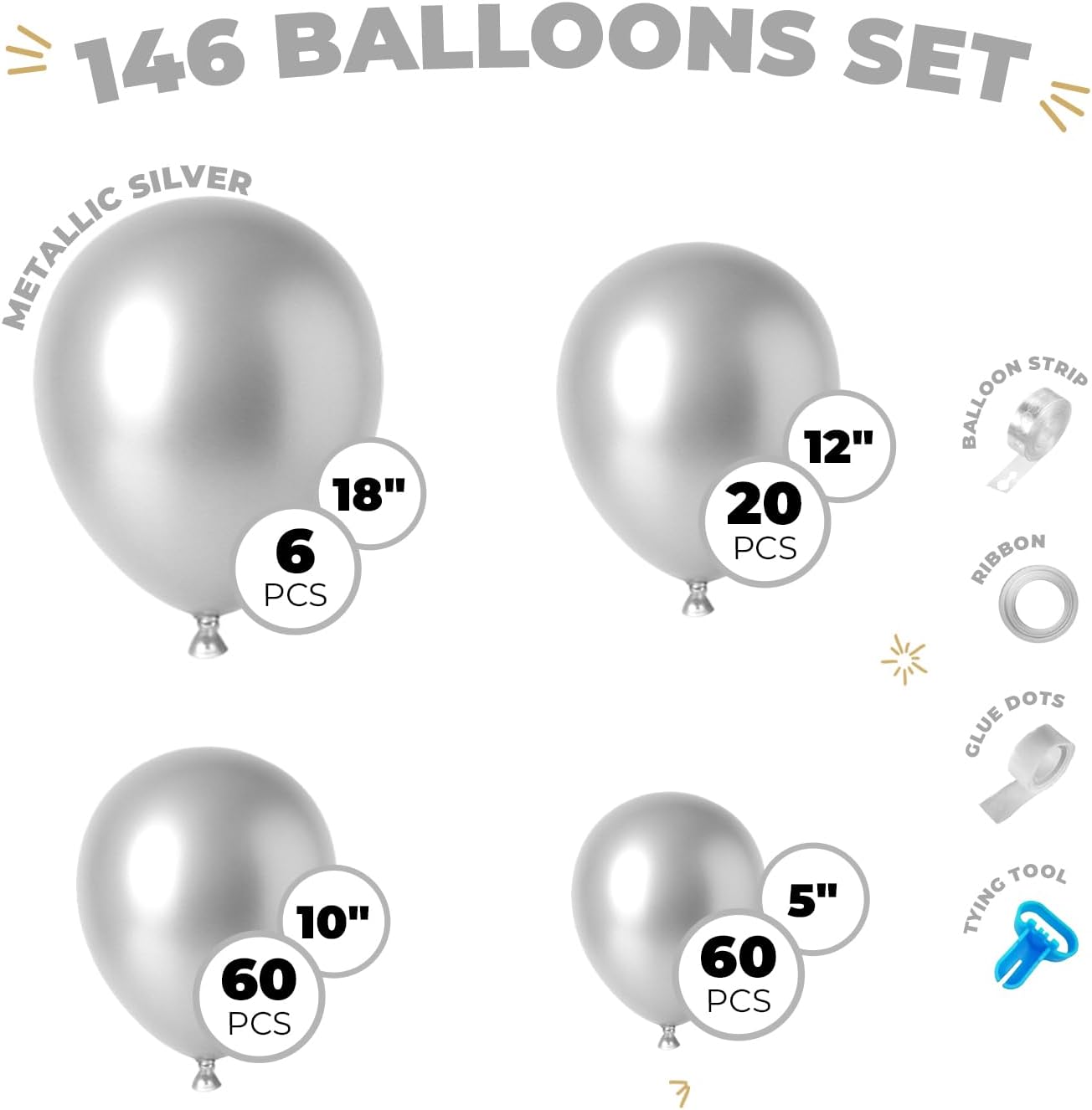 Balloon Garland Arch Kit – 146 Pcs Metallic Silver Balloons for Baby Shower, Birthday, Gender Reveal, Wedding Party – DIY Kit by Vellax™
