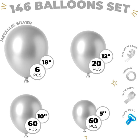 Balloon Garland Arch Kit – 146 Pcs Metallic Silver Balloons for Baby Shower, Birthday, Gender Reveal, Wedding Party – DIY Kit by Vellax™