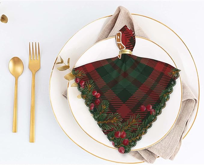 Yibeas White Merry Christmas and Happy New Year Cloth Napkins Set of 4 Soft Tartan Checkered Plaid Red and Green Polyester Dinner Square Napkin for Family Weddings Parties 18 x 18 inch
