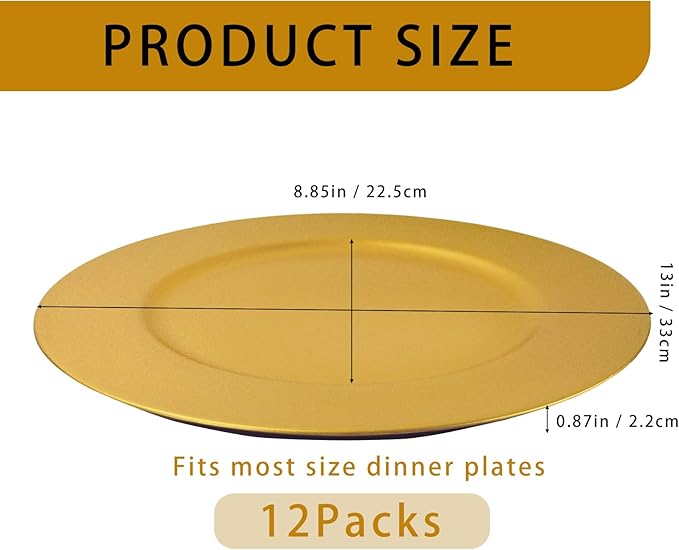 Cheardia 12 Pack Plastic Gold Charger Plates, 13 Inch Round Decorative Serving Dinner Charger Plate Bulk for Wedding, Catering, Parties, Restaurant, Home