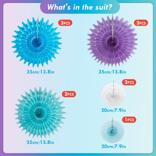 SUNBEAUTY Pack of 11 Purple Lavender Blue Hanging Honeycomb Paper Fans Decoration Mermaid Theme Tissue Paper Fan Garland for Baby Shower Girl Kid Birthday Under The Sea Wedding Party Supplies