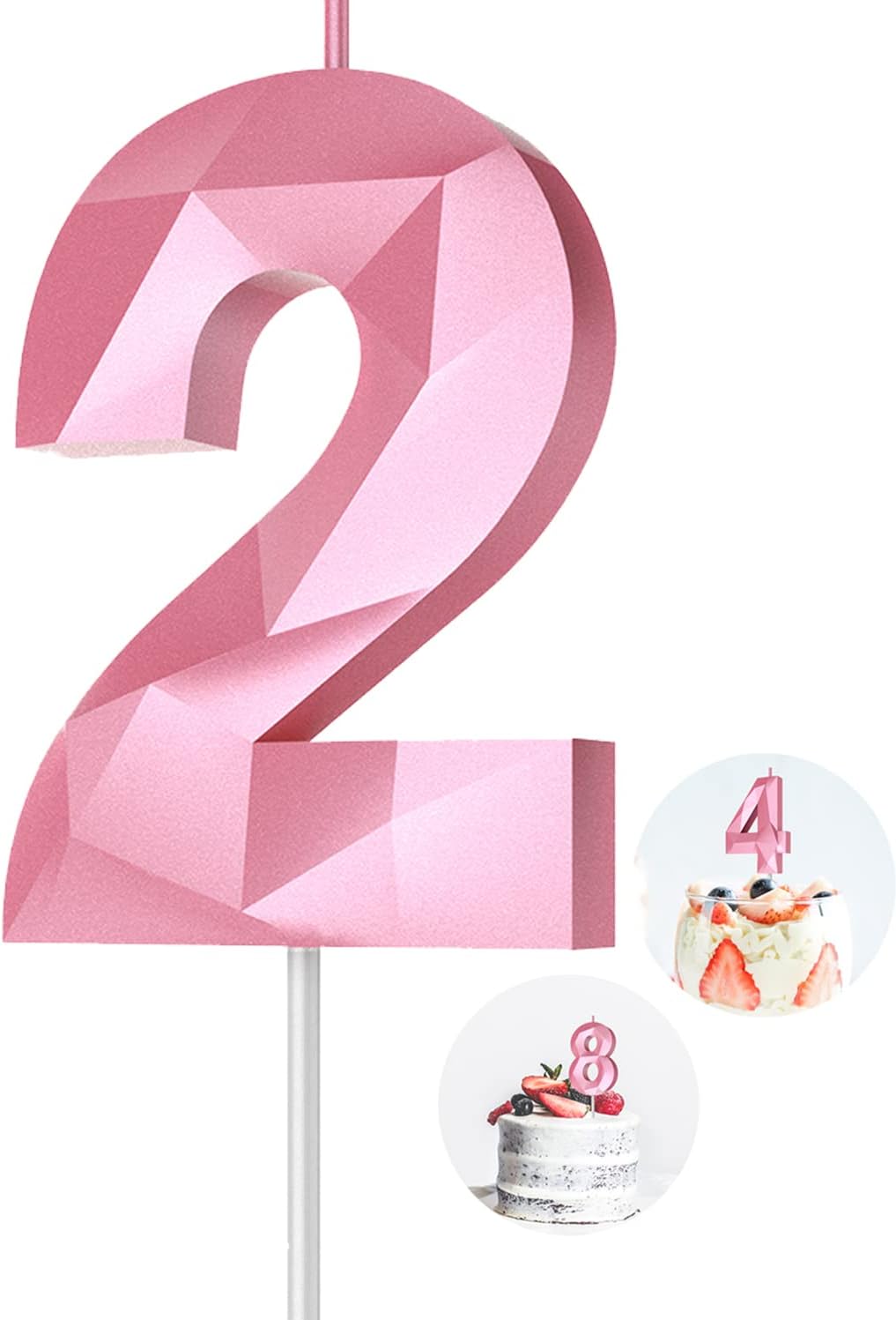 Number Birthday Candles(2 Candle Pink) 3D Diamond Shape 2nd Happy Birthday Cake Topper Decorations for Girl Women Birthday Wedding Anniversary Celebration Theme Party Supplies