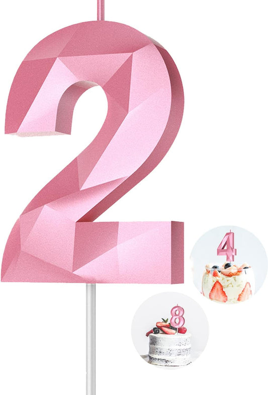 Number Birthday Candles(2 Candle Pink) 3D Diamond Shape 2nd Happy Birthday Cake Topper Decorations for Girl Women Birthday Wedding Anniversary Celebration Theme Party Supplies