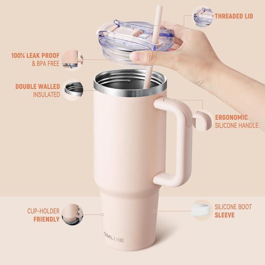40 oz Tumbler with Handle and Straw Lid,Insulated Reusable Stainless Steel Water Bottle Travel Mug，Cupholder Friendly Double Wall Vacuum Sealed Cup (Rose Quartz)