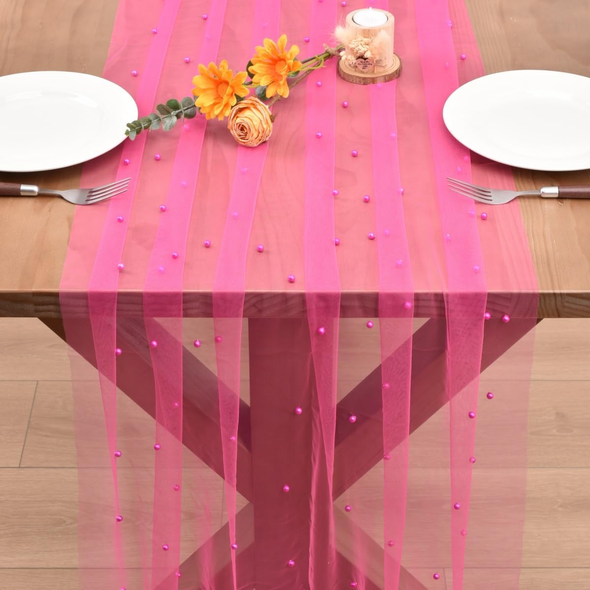 Fuschia Pearl Fall Thanksgiving Table Runner Boho Rustic Tulle Lace Table Runner for Baby Shower Wedding Arch Decor Veil Dessert Table Decor