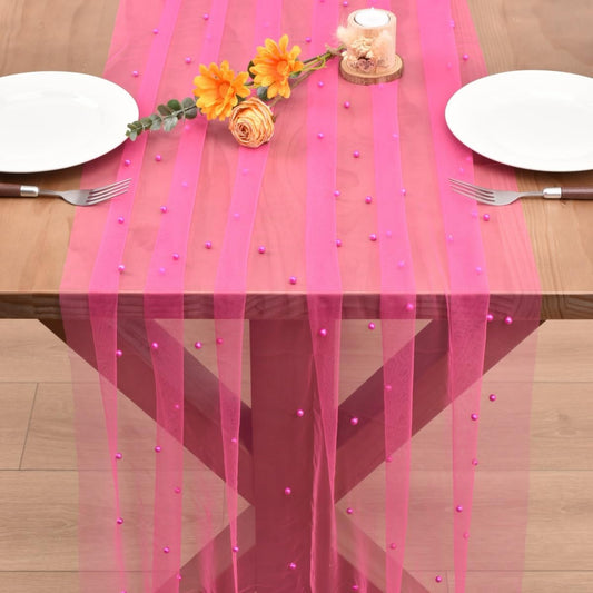 Fuschia Pearl Fall Thanksgiving Table Runner Boho Rustic Tulle Lace Table Runner for Baby Shower Wedding Arch Decor Veil Dessert Table Decor