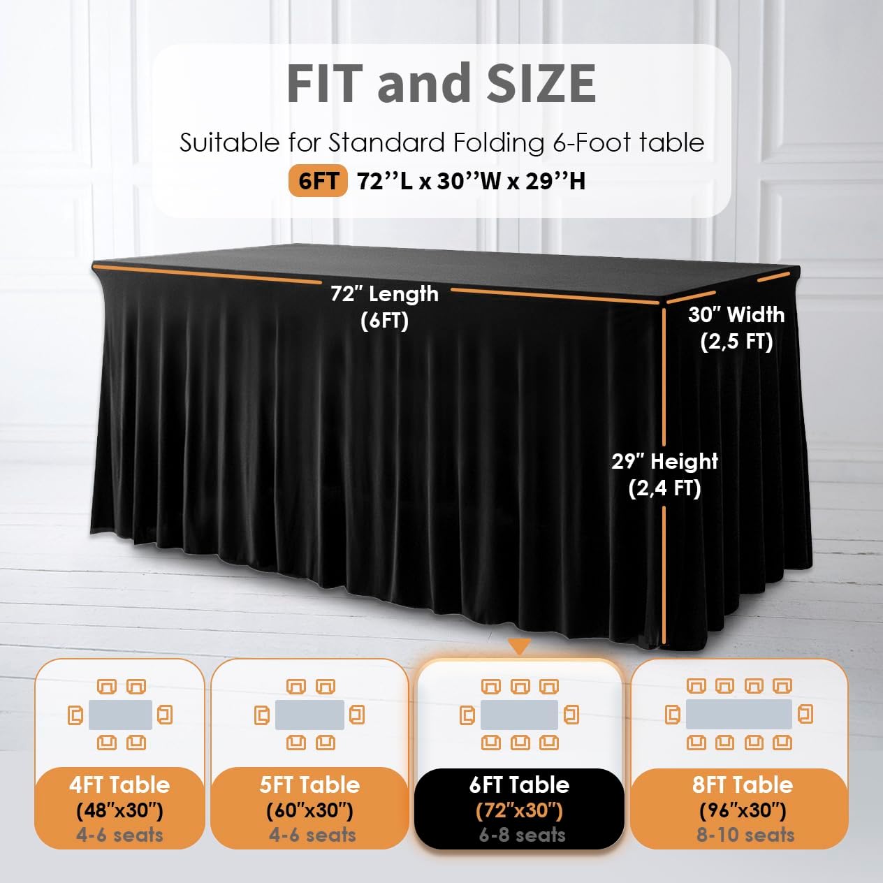 Your Magic Moment Black Table Skirt for 6 ft 1 Piece Rectangle Folding Tables - Spandex Table Covers for 6ft Rectangle Tables