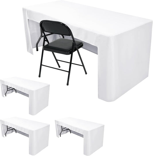 Nasitos 4 Pack White Fitted Table Covers for 8 Foot Tables-Open Back Tablecloth Washable Fabric Table Cloth for Parties, Wedding, Banquet, Jewelry Shows, Craft Fair, Trade Show